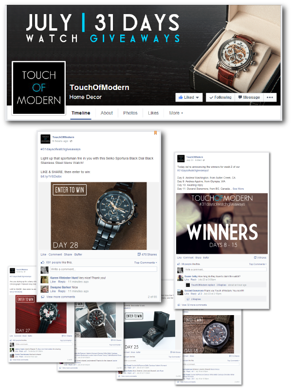 Touch of Modern - Daily product giveaway Facebook campaign ideas
