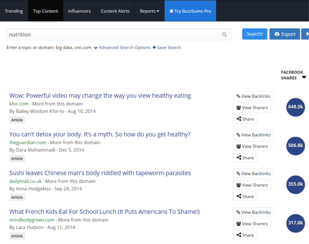 Buzzsumo search for nutrition