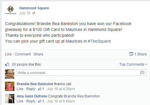 Hammond Square's Facebook Giveaway