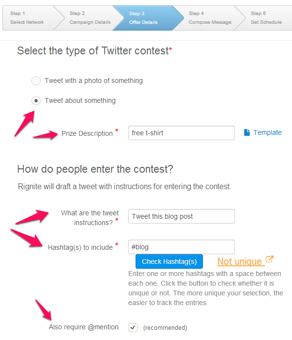 Specify entry requirements for Twitter campaign to promote blog