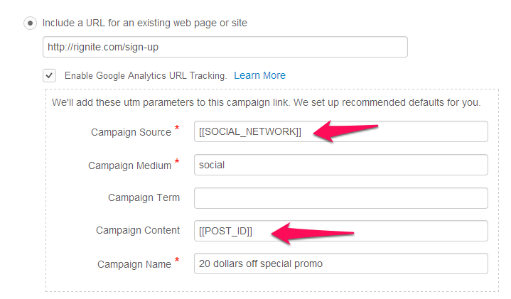 tracking social media campaigns in Rignite with Google Analytics utm parameters