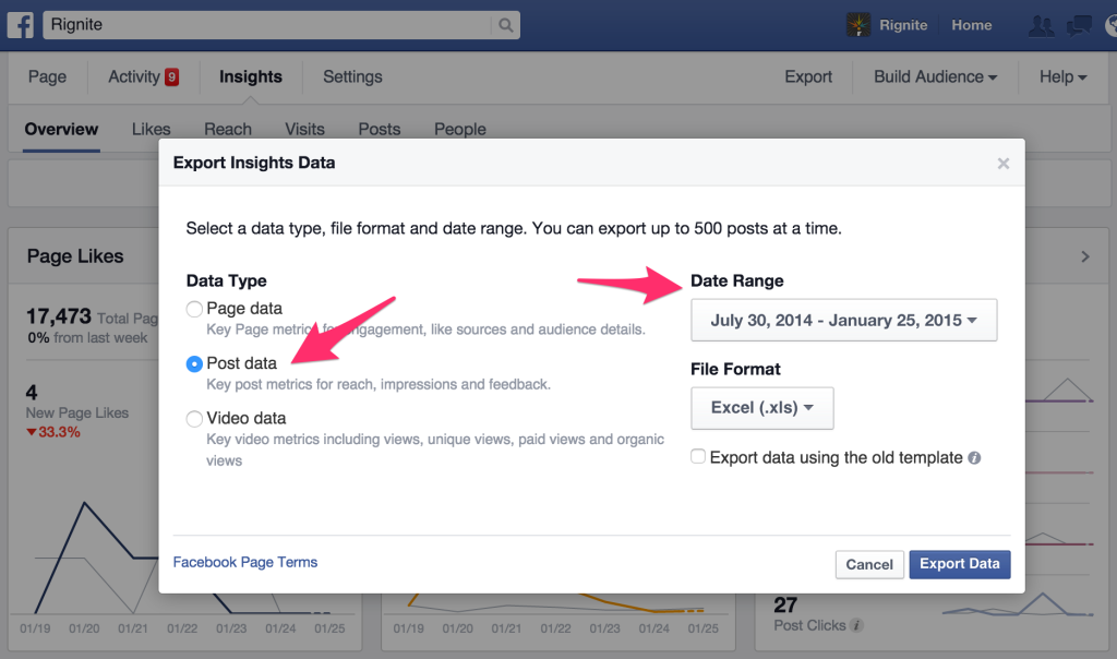 export post level data from Facebook Insights